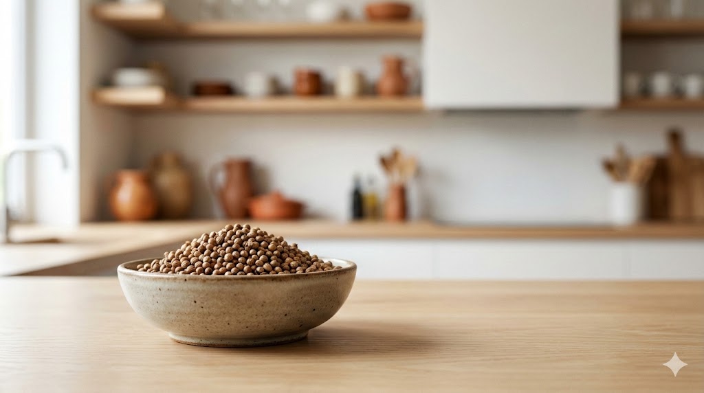 Whole coriander seeds in a ceramic bowl on a wooden kitchen surface, showing natural texture and freshness