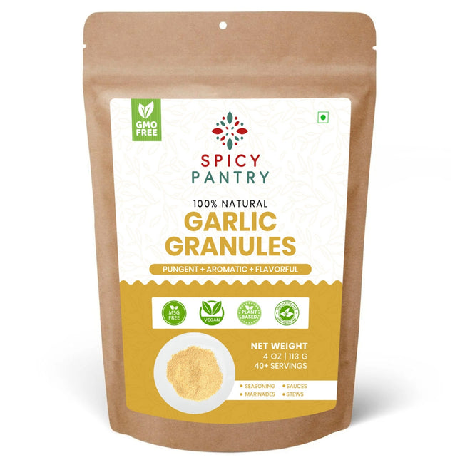 4 oz pouch of Spicy Pantry Garlic Granules, all-natural and coarse ground, ideal for seasoning, sauces, and stews.